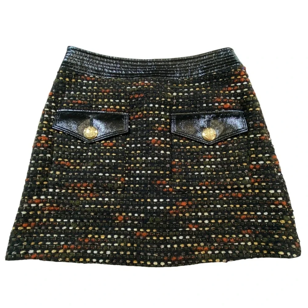 Veronica Beard Lucy Tweed Mini Skirt Black Multi‎ Metallic Gold Crest Buttons 0